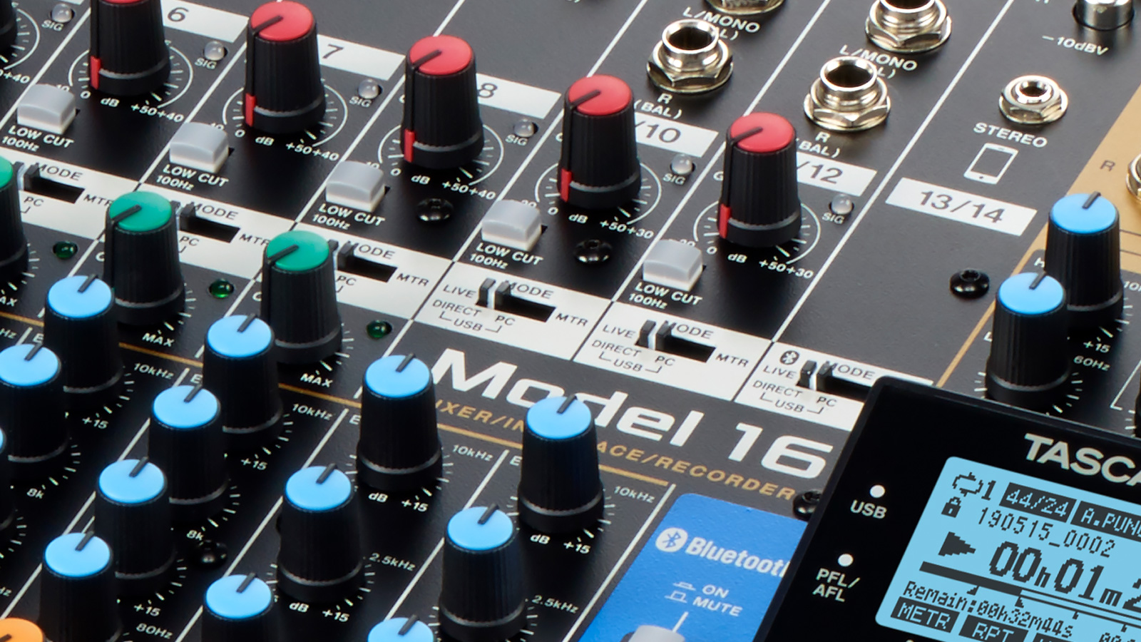 Tascam Model 16 Channel Mode Switch capability closeup